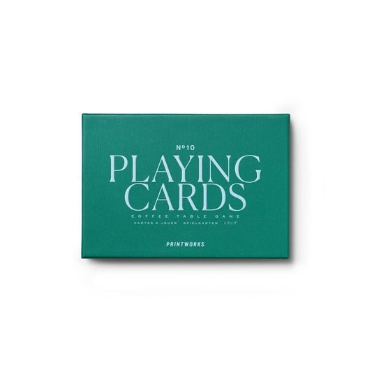 Front view of the box of Printworks Classic Games double playing cards - twin deck set in modern stylish box, multi-color premium cardstock material with refined graphics, durable finish and elegant storage case.