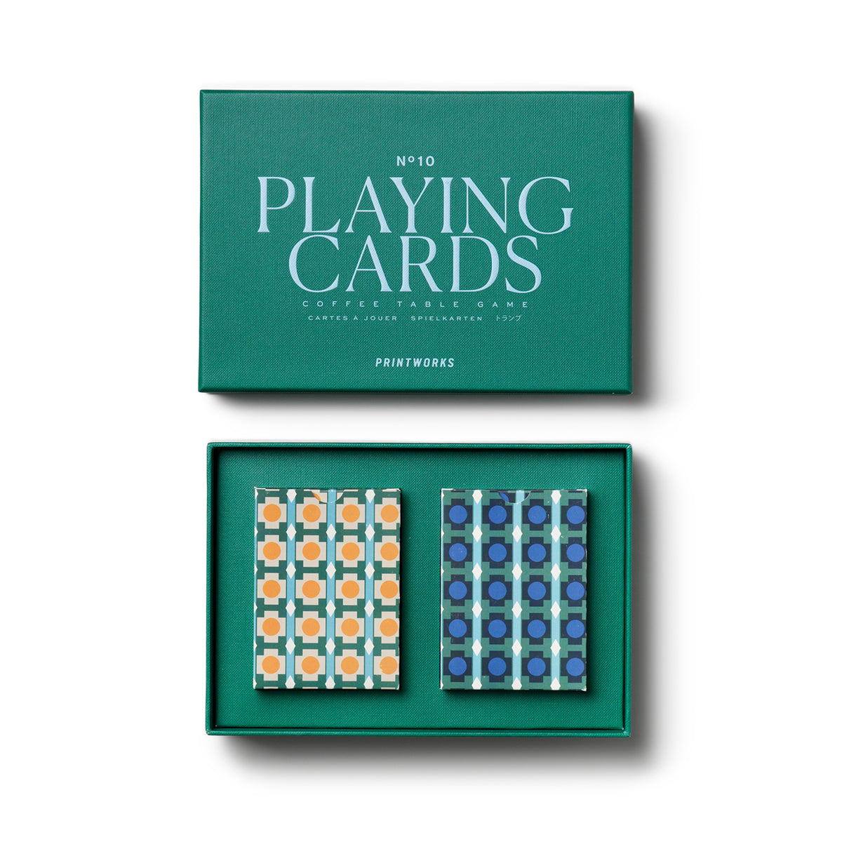 Two styles of playing cards from Printworks Classic Games double playing cards - twin deck set in modern stylish box, multi-color premium cardstock material with refined graphics, durable finish and elegant storage case.