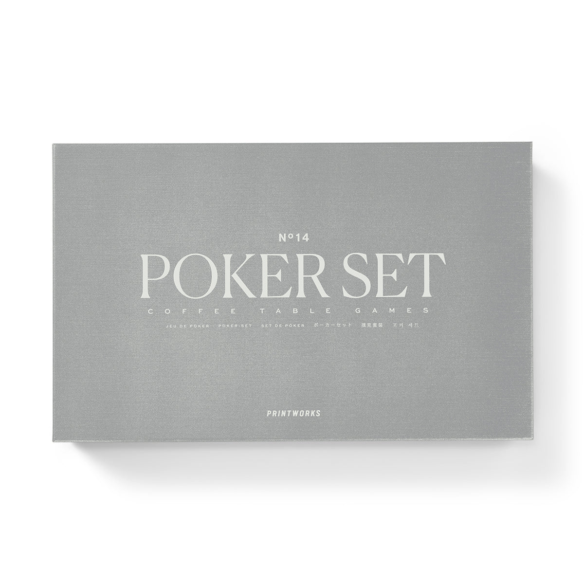 Printworks classic games poker set grey box with cream font on white background