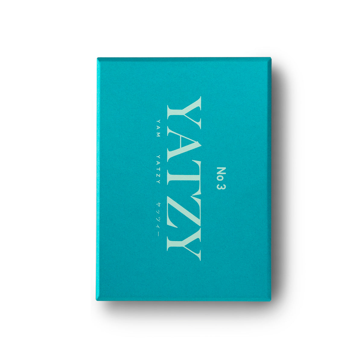 Printworks classic games yatzy aqua box with cream font on white background
