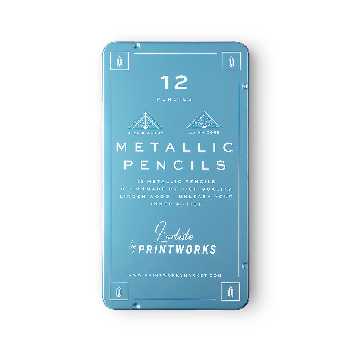 Printworks Metallic pencils set of 12 on white background metallic blue box