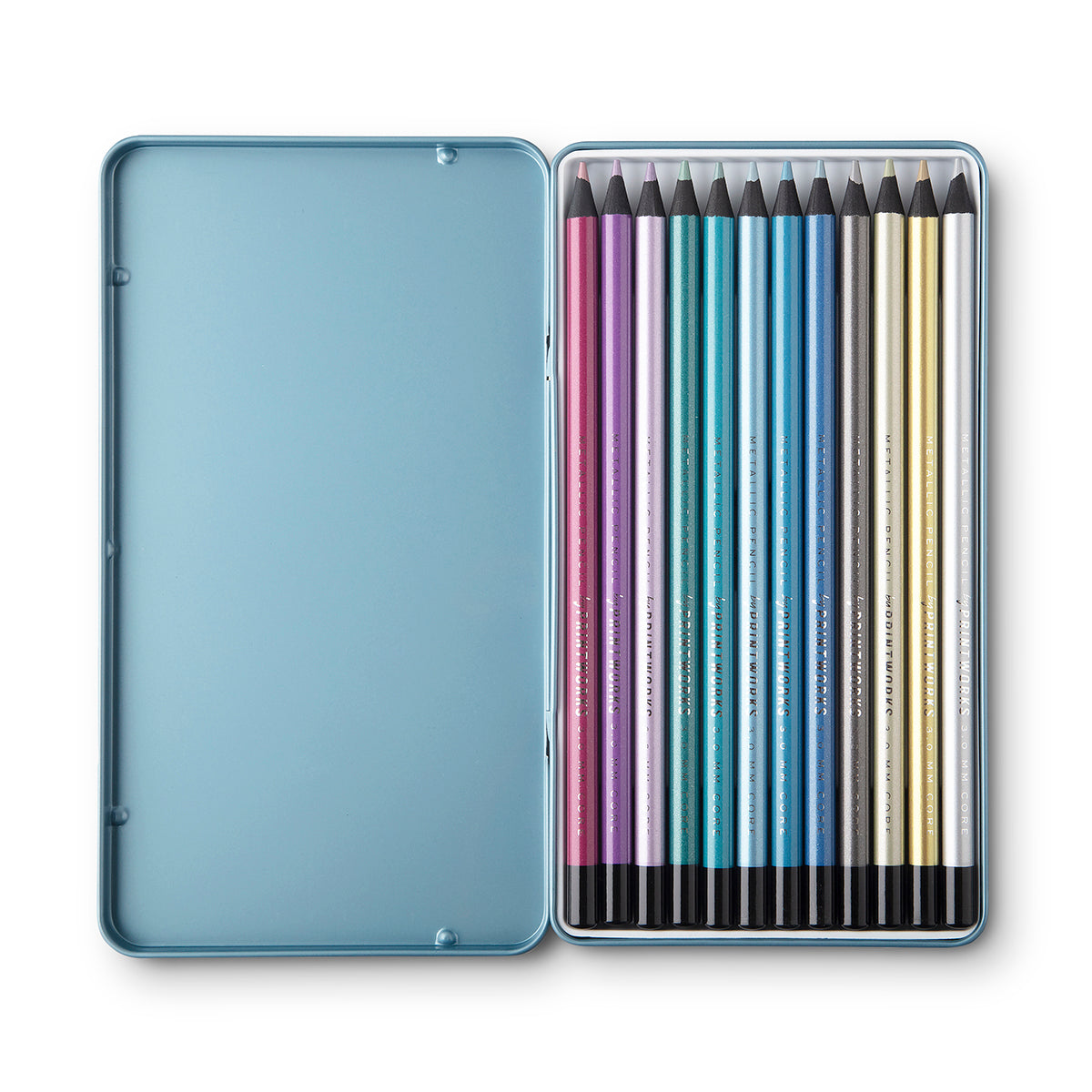 Printworks Metallic pencils set of 12 opened packaging on white background