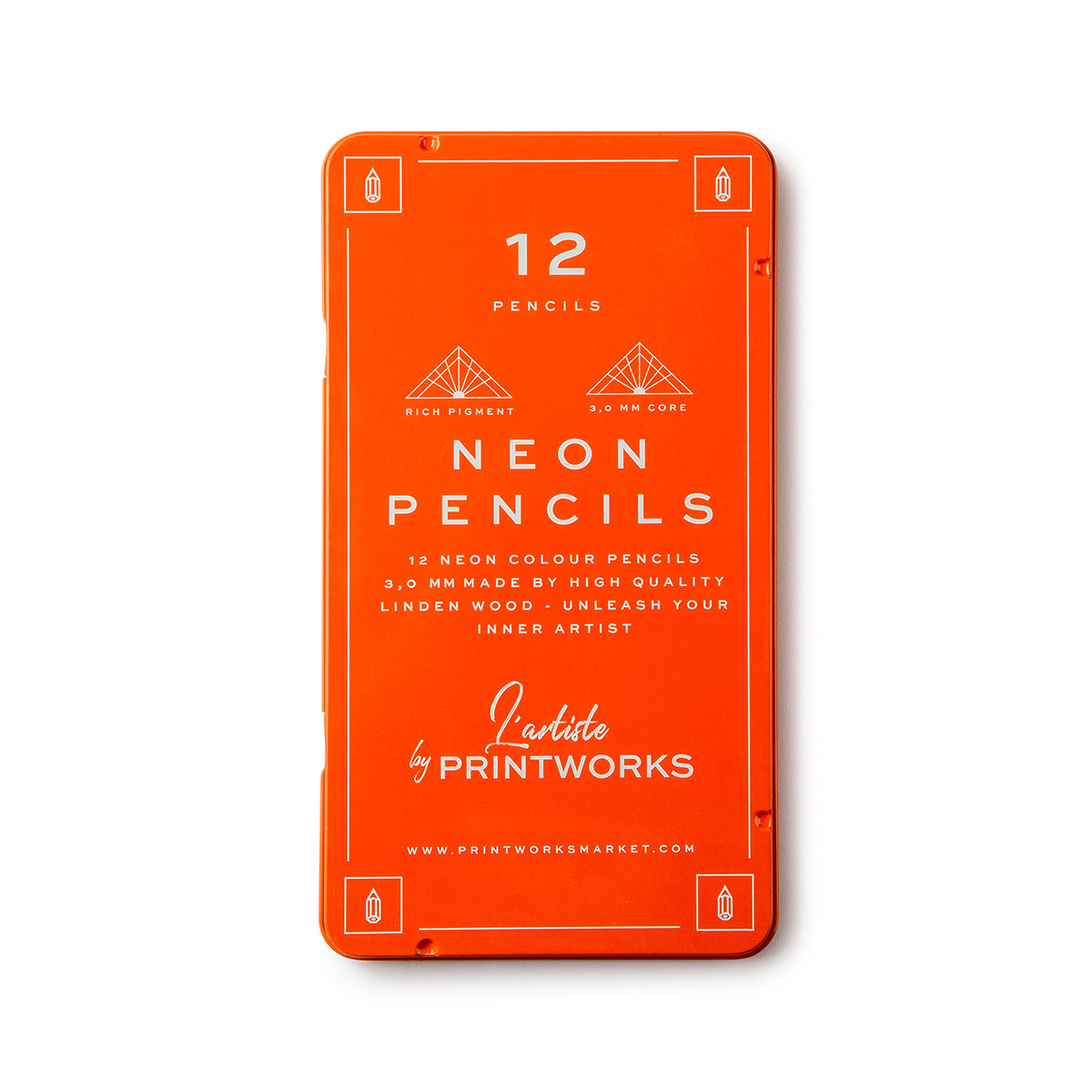Printworks Neon pencils set of 12 on white background metallic neon orange box