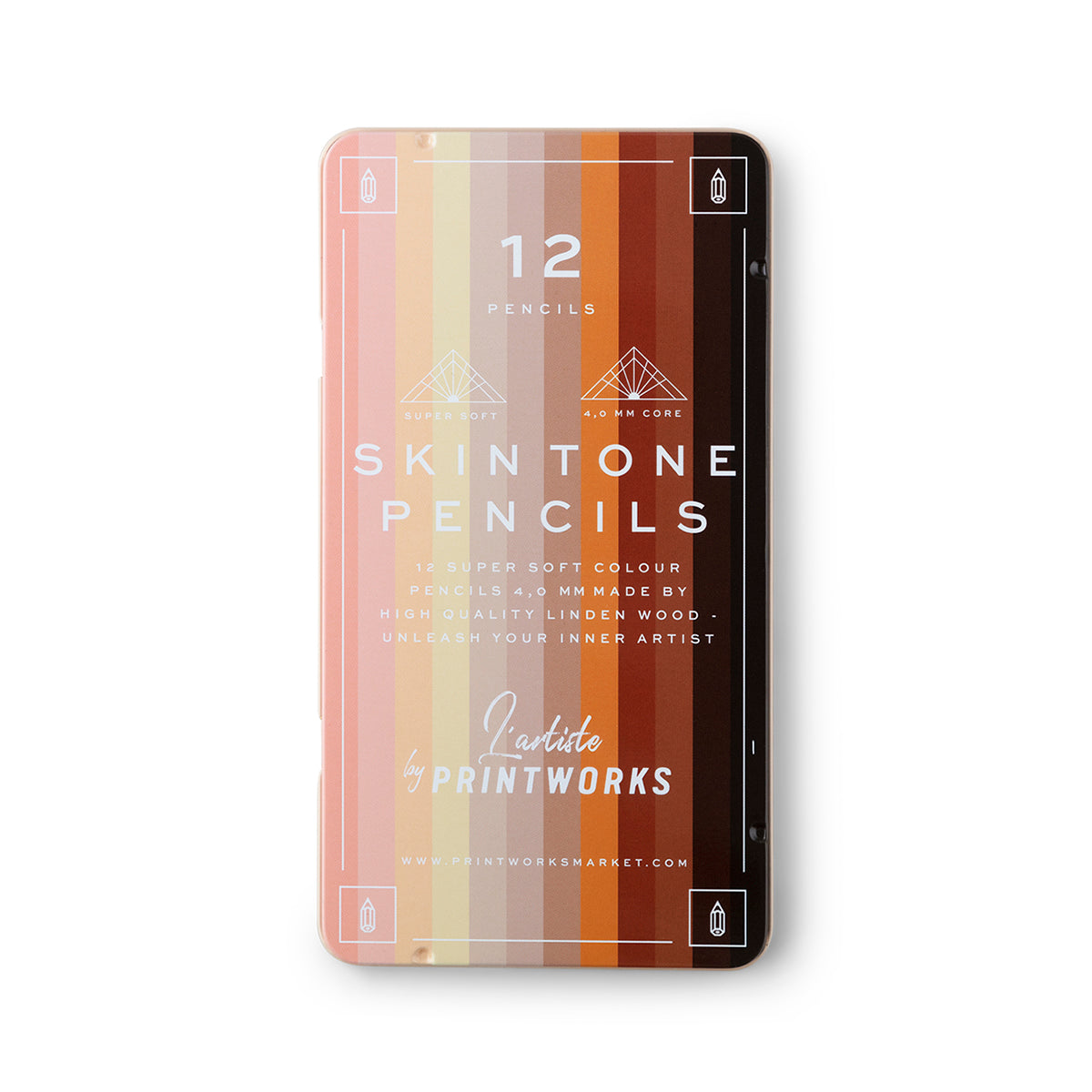Printworks skin tone pencils set of 12 on white background in skintone striped box