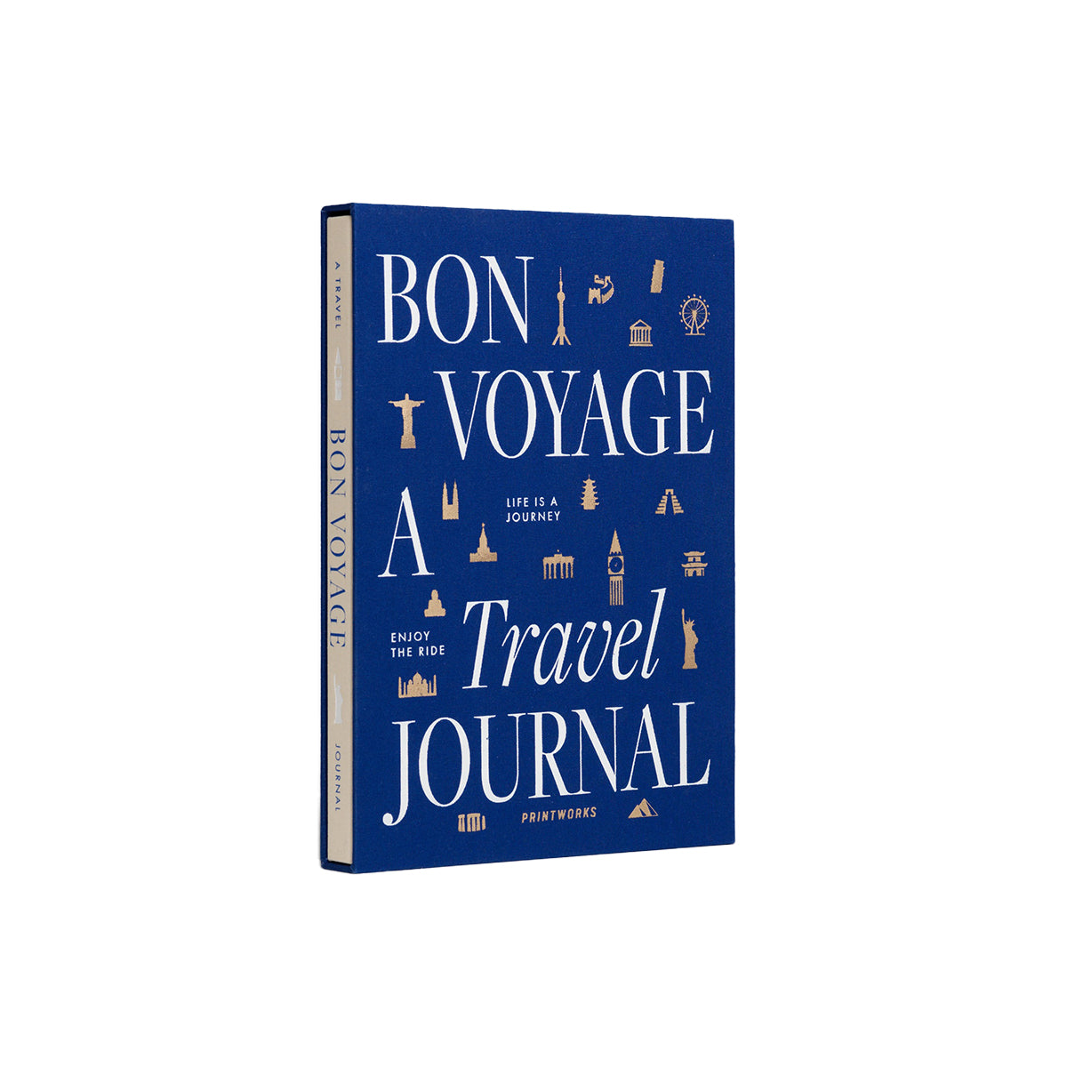 Printworks travel journal 'bon voyage' in fabric bound cover on an angle on a white background