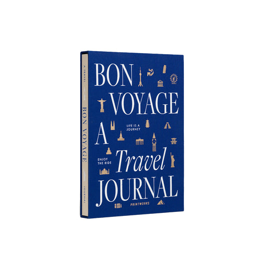 Printworks travel journal 'bon voyage' in fabric bound cover on an angle on a white background