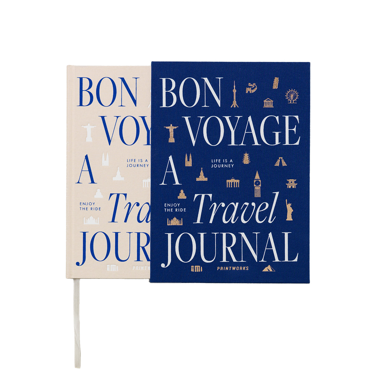 Printworks travel journal 'bon voyage' in fabric bound cover on an angle on a white background