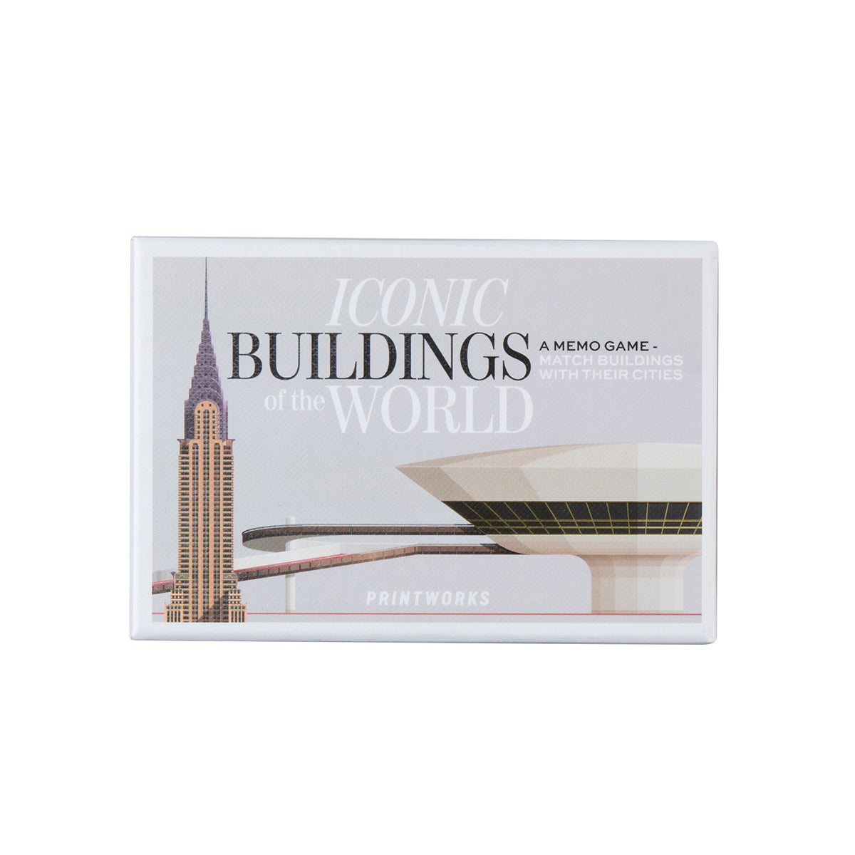 Printworks famous buildings memory game box on white background