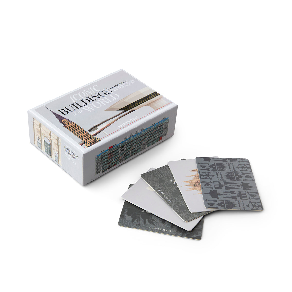 Printworks famous buildings memory game box and loose cards on an angle on a white background