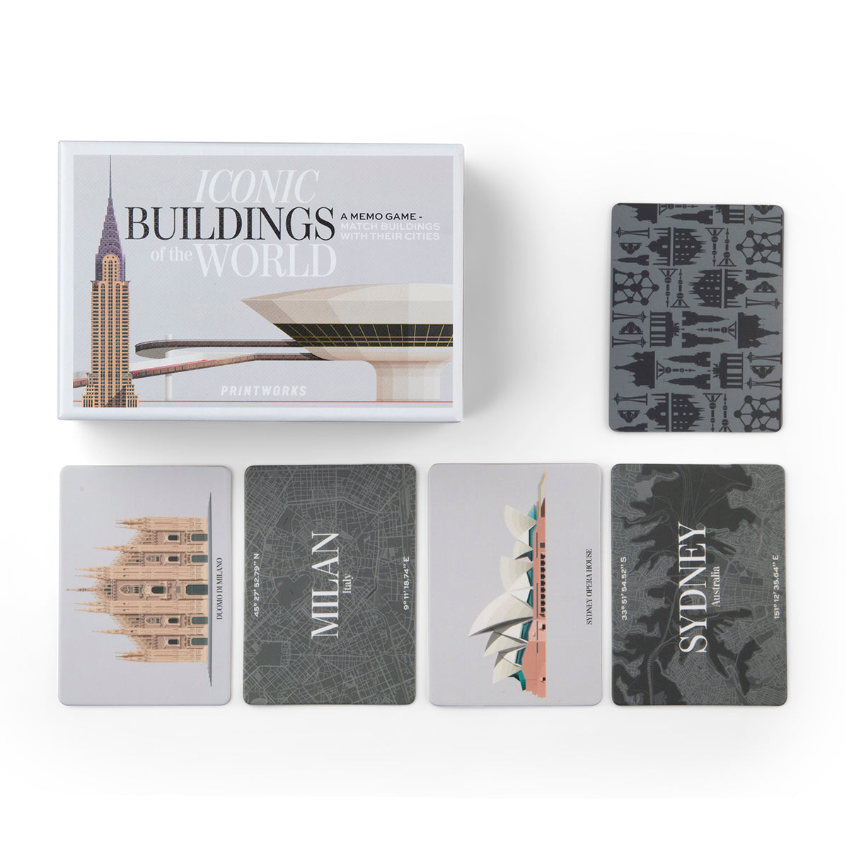 Printworks famous buildings memory game box on white background with four loose cards below and one to the right hand side