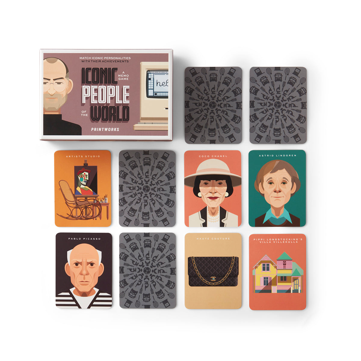 Printworks iconic athletes memory game box on white background with eight loose cards below and one to the right hand side