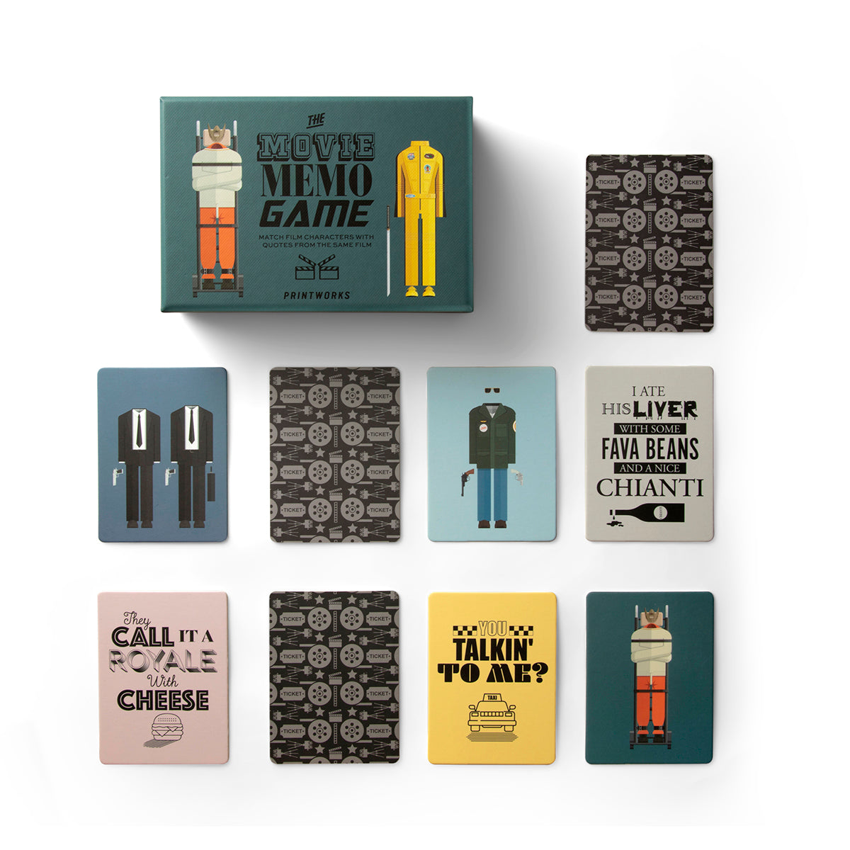 Printworks movie memory game box and eight loose cards below and one to the right have side on a white background