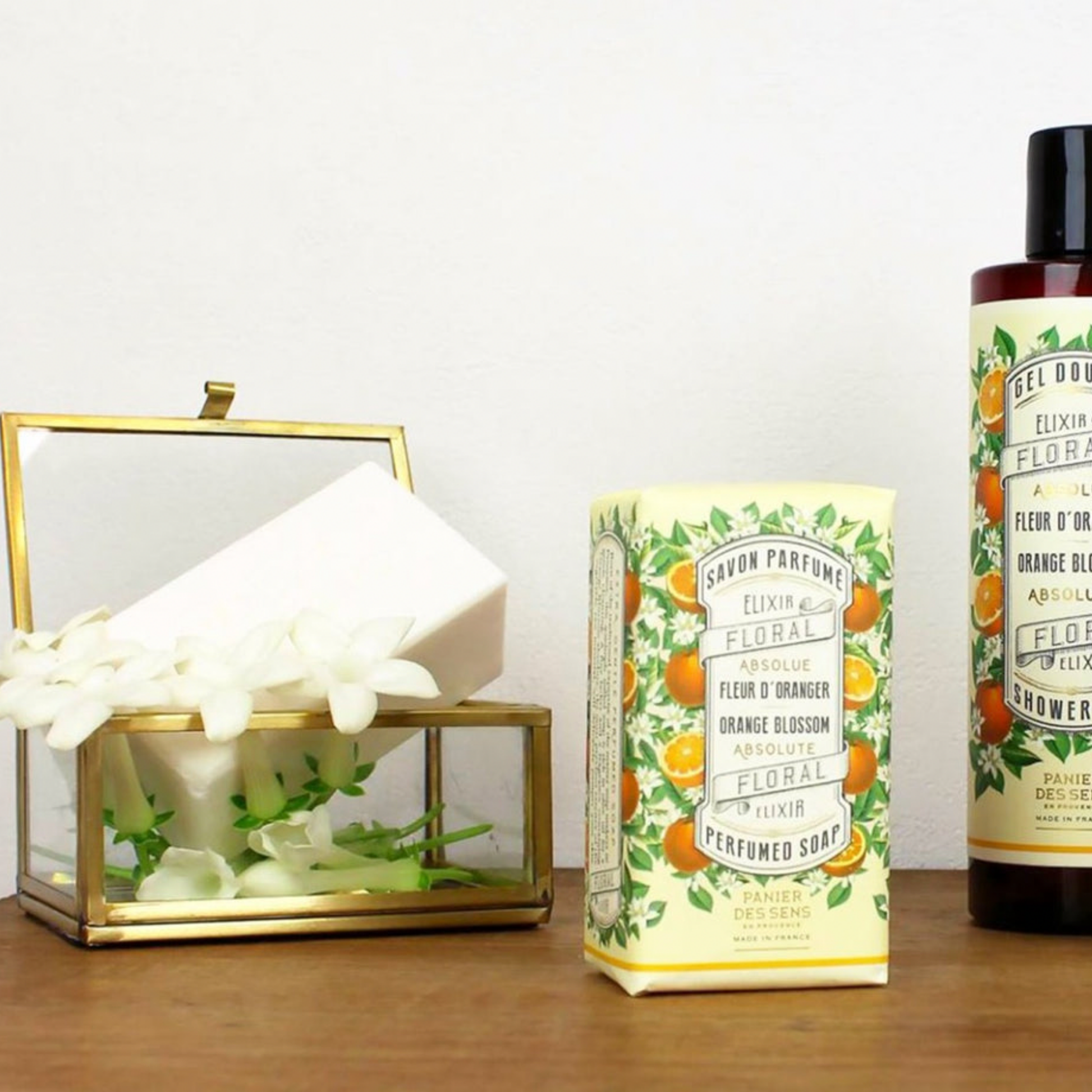 Panier Des Sens Perfumed Soap Orange Blossom on display in glass box and in packaging