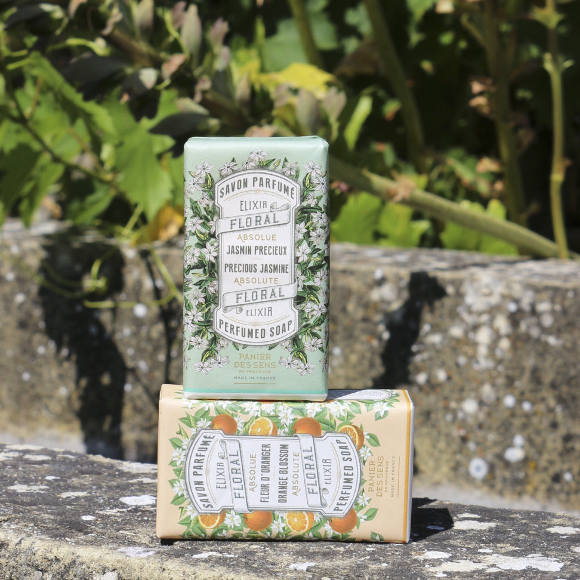 Panier Des Sens Perfumed Soap Precious Jasmine with Perfumed Soap Oramge Blossom in garden
