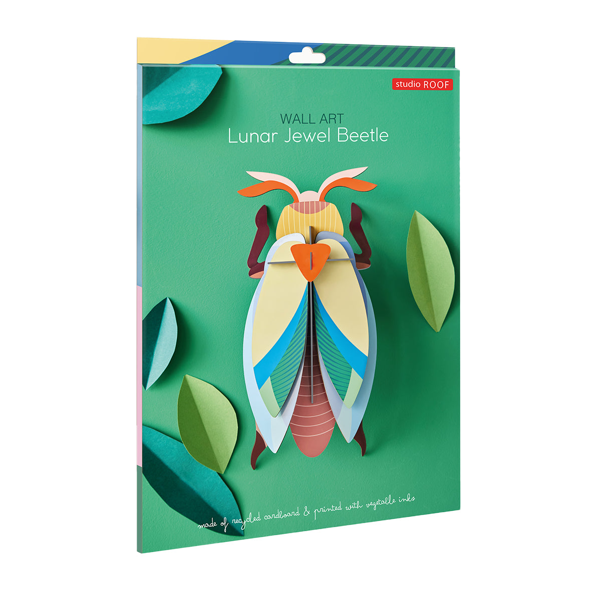 Flat card packaging of Studio Roof A4 lunar jewel beetle wall art on a white background