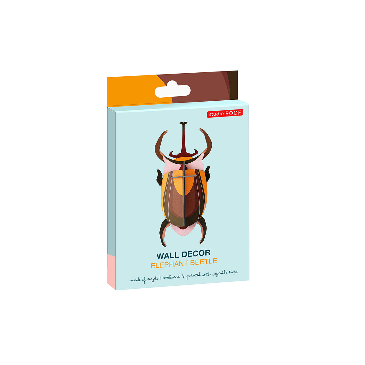 Flat card packaging of Studio Roof B7 elephant beetle wall art on a white background
