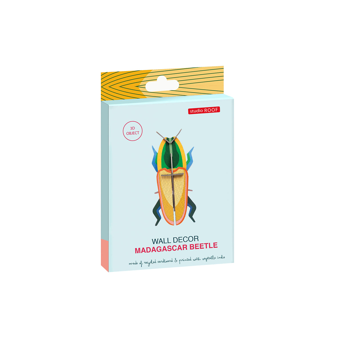 Flat card packaging of Studio Roof B7 madagascar beetle wall art on a white background