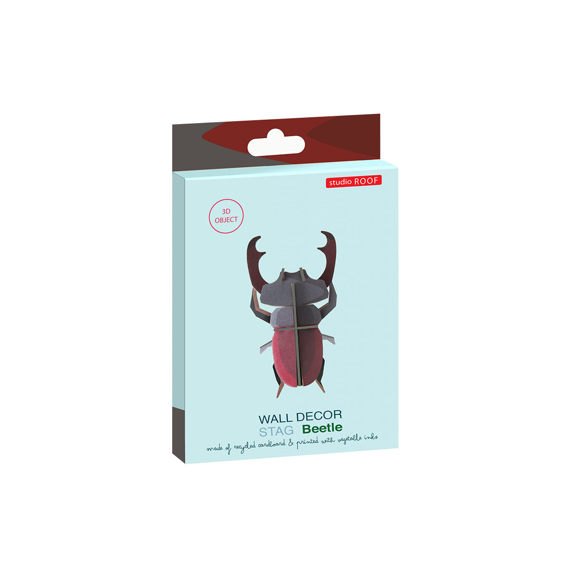 Flat card packaging of Studio Roof B7 stag beetle wall art on a white background