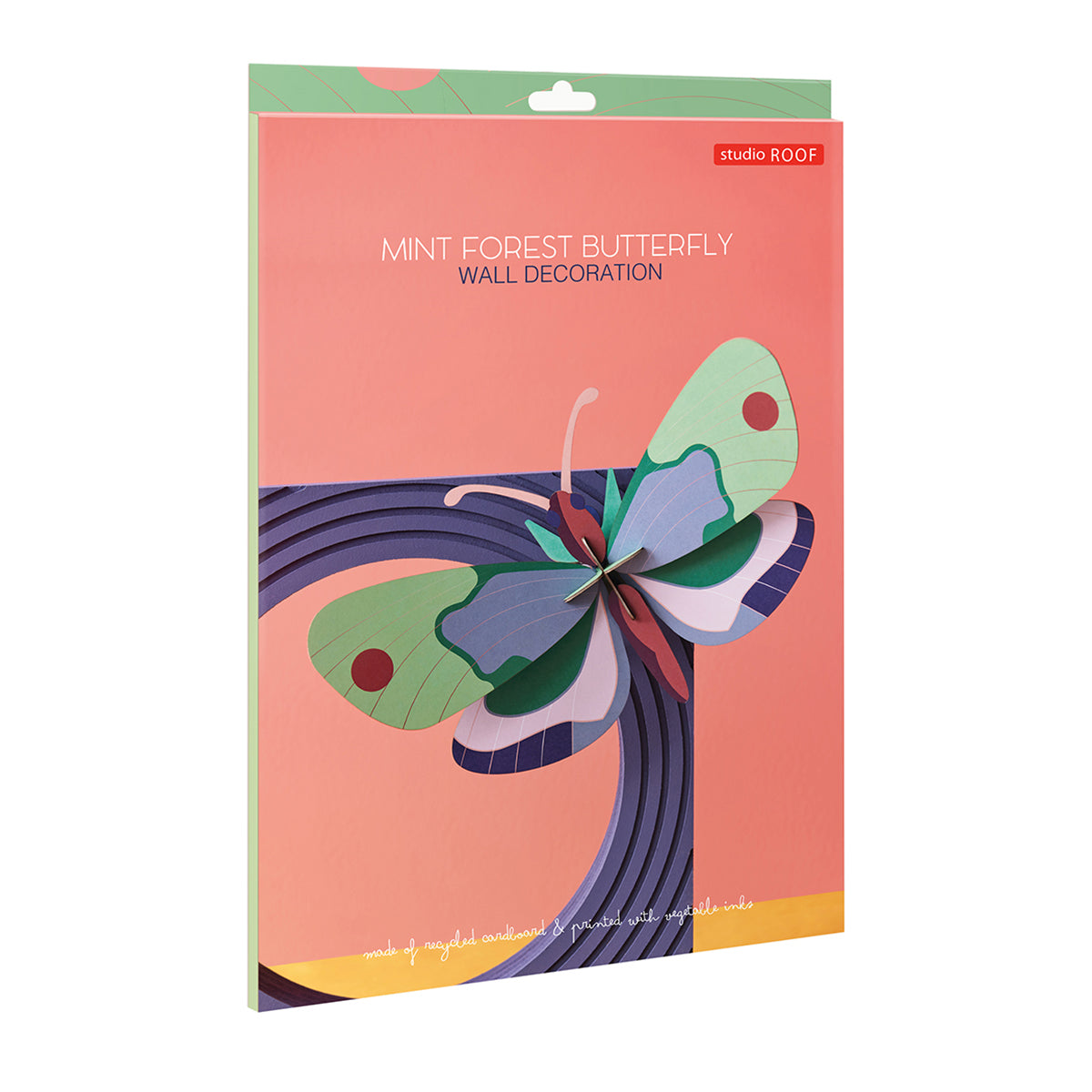 Flat card packaging of Studio RoofA4 mint forest butterfly wall art on a white background
