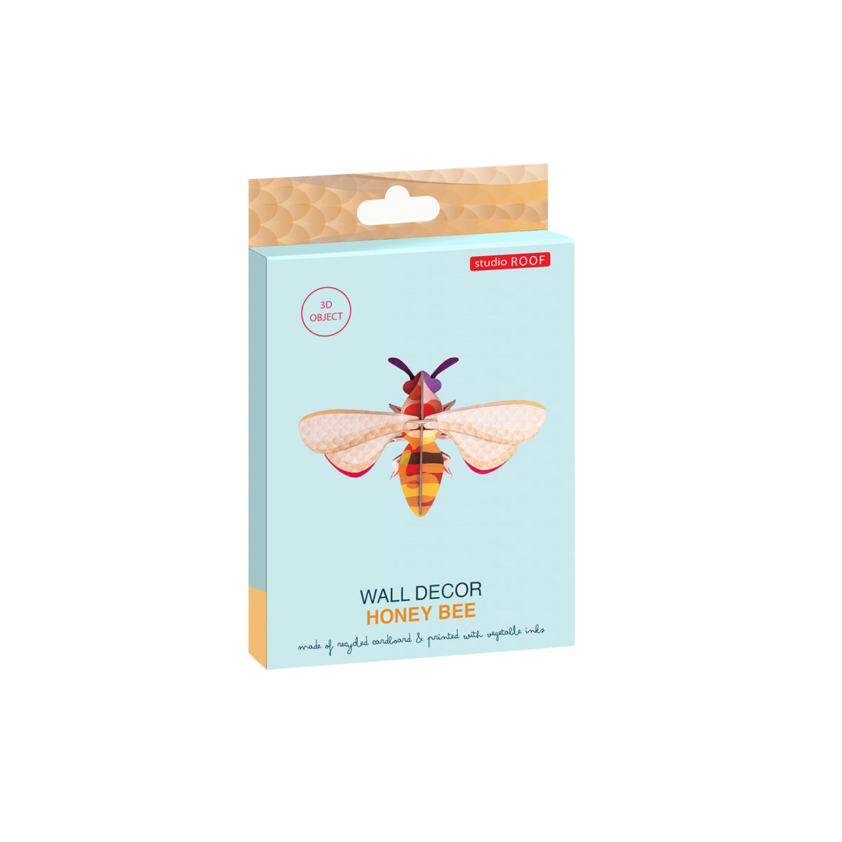 Flat card packaging of Studio Roof B7 honey bee wall art on a white background