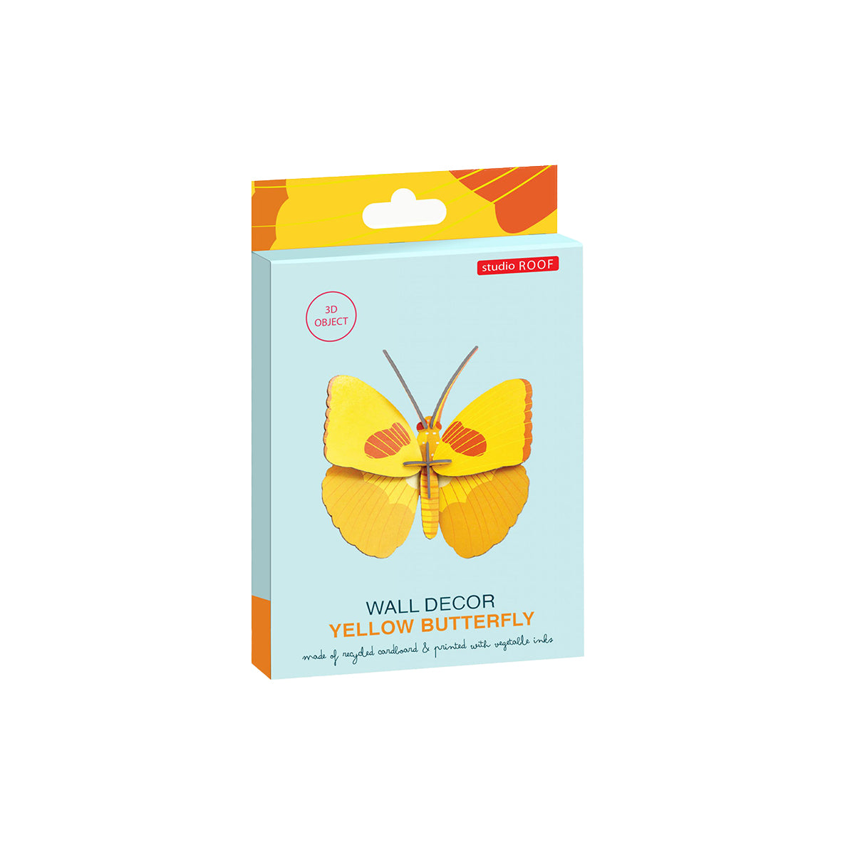 Flat card packaging of Studio Roof B7 yellow butterfly wall art on a white background