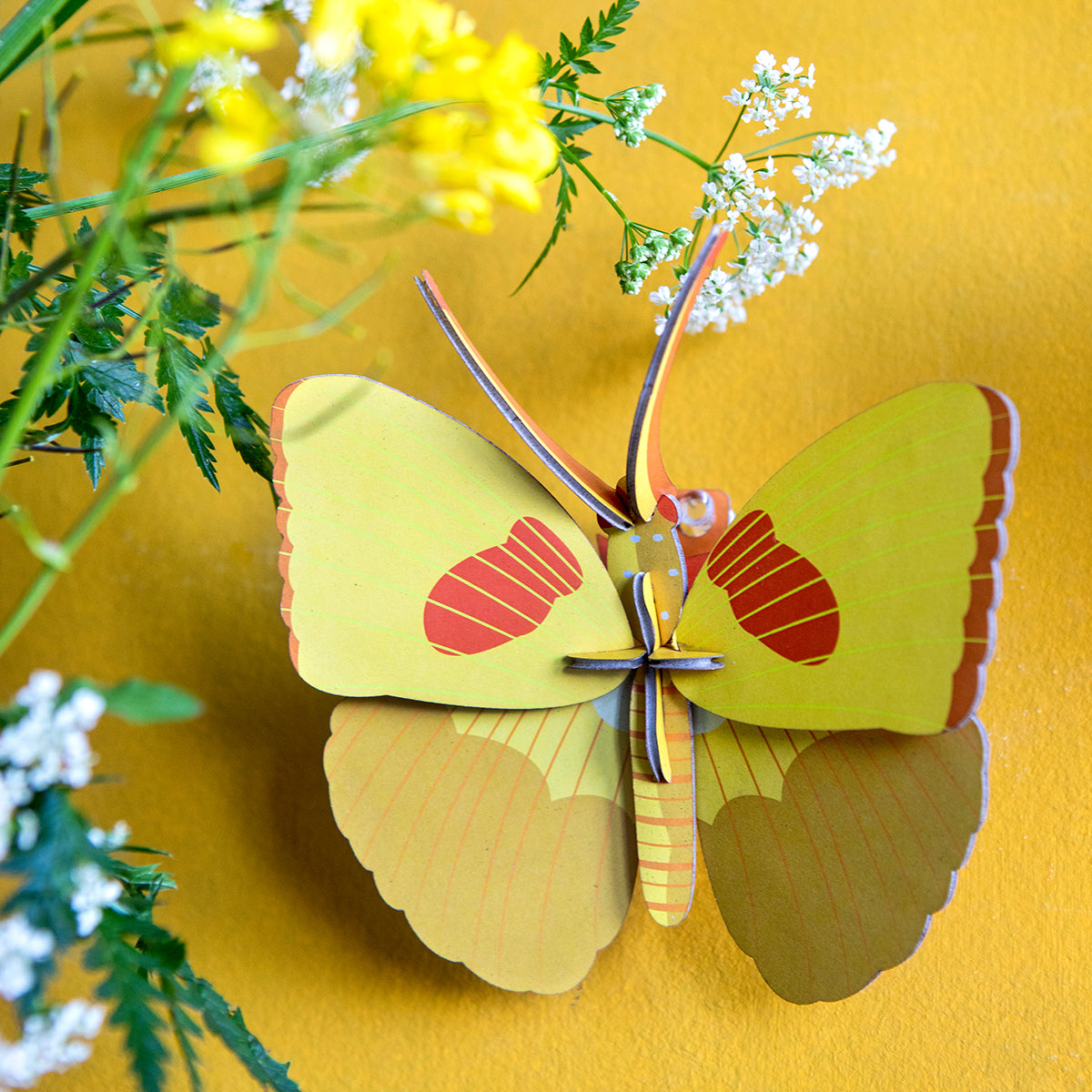 Close up of Studio Roof B7 yellow butterfly wall art on bright yellow wall with delicate flowers
