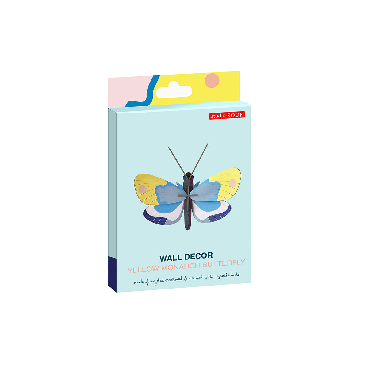 Flat card packaging of Studio Roof B7 yellow monarch butterfly wall art on a white background