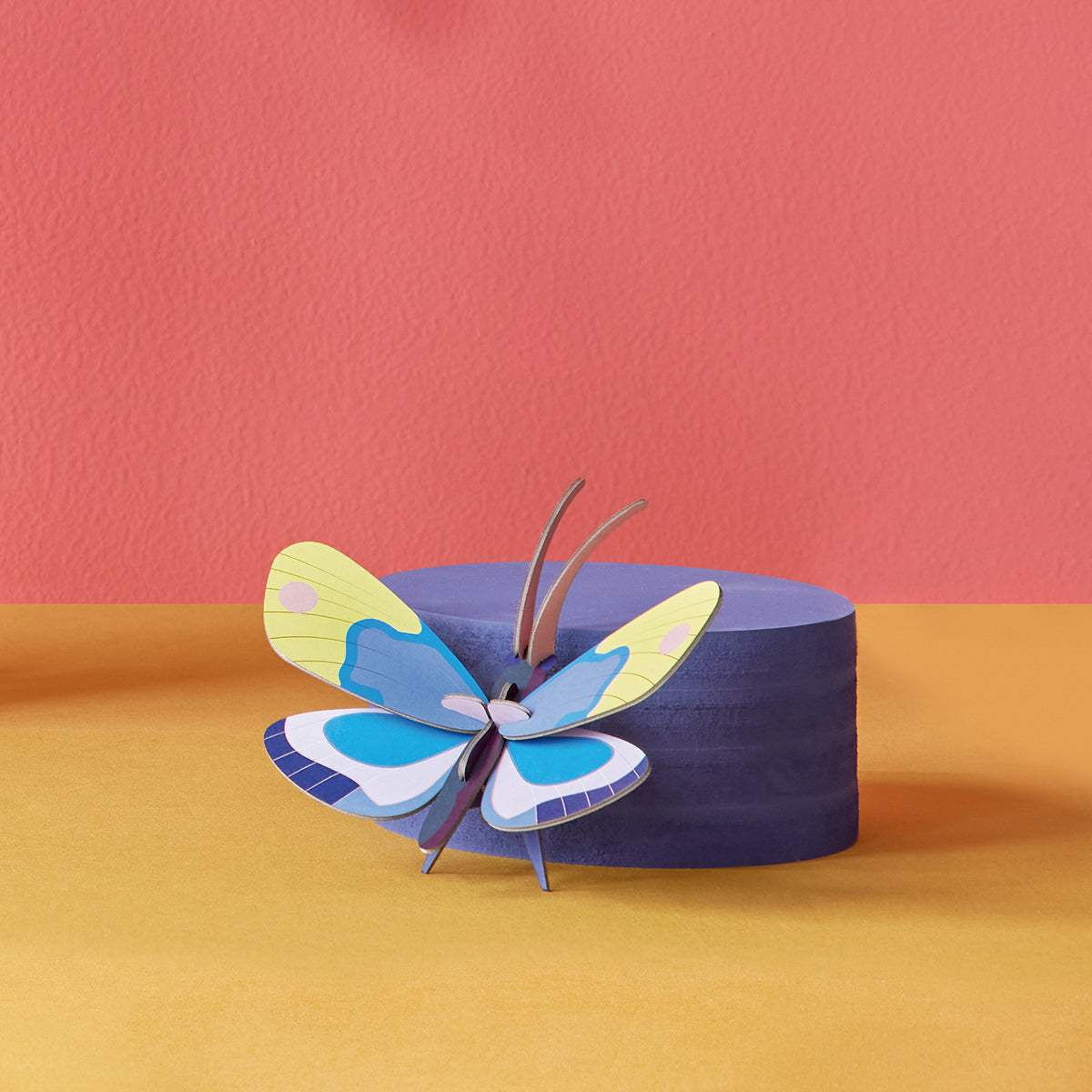 Studio Roof B7 yellow monarch butterfly wall art sitting next to purple disks, on yellow surface with dark pink wall