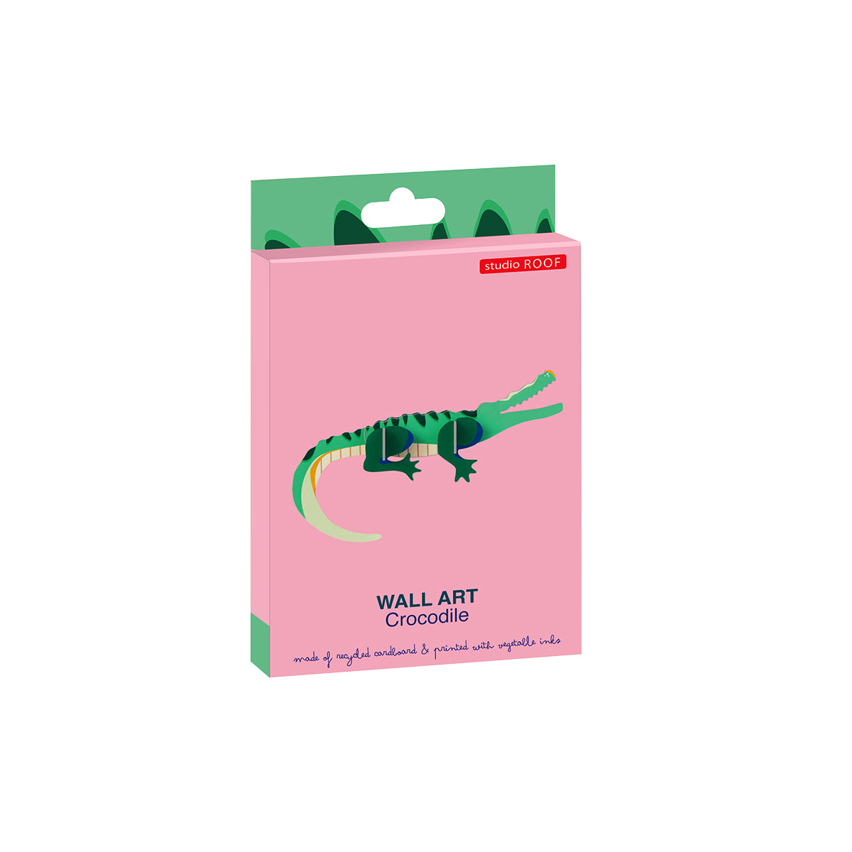 Flat card packaging of Studio Roof B7 crocodile jungle animals wall art on a white background