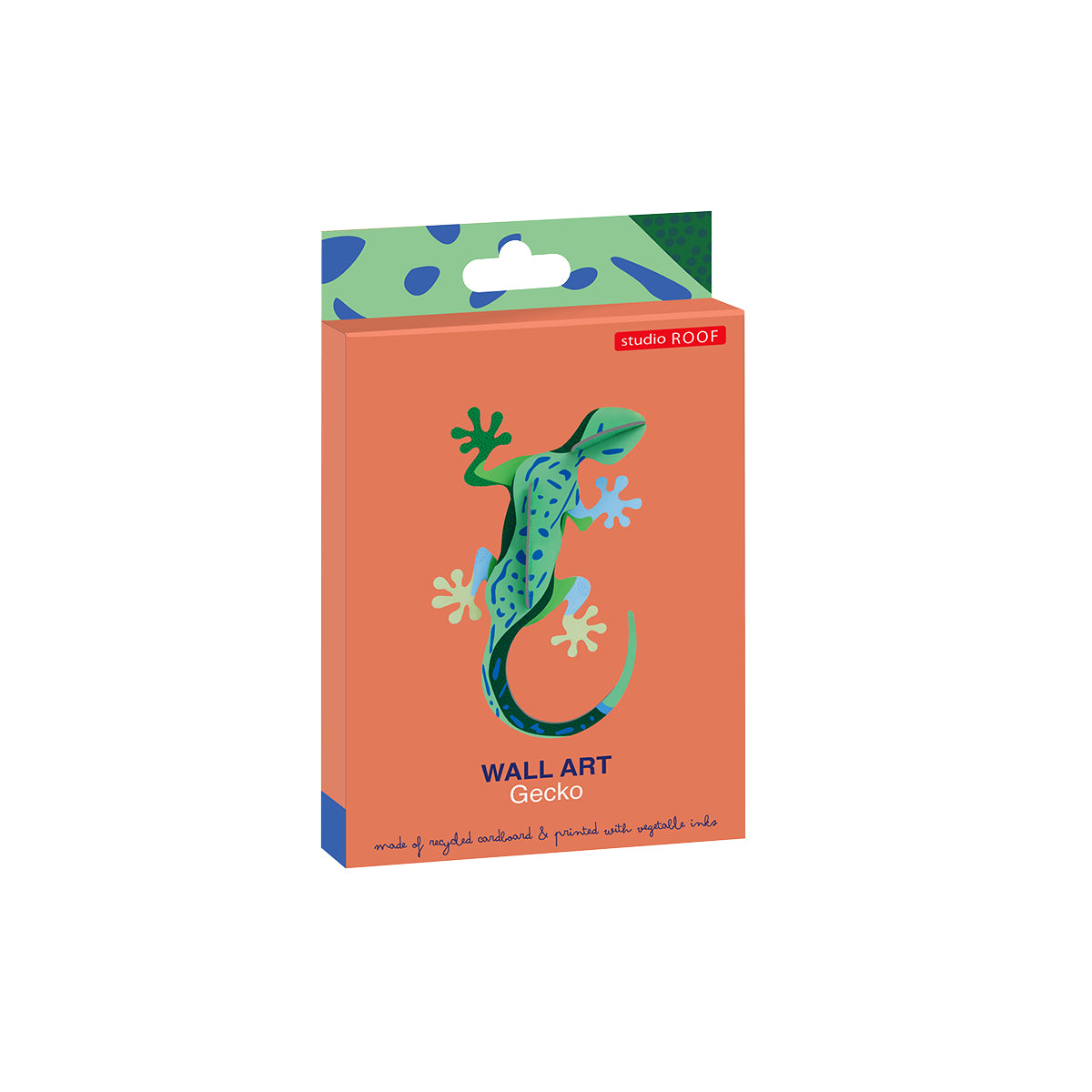 Flat card packaging of Studio Roof B7 gecko jungle animals wall art on a white background