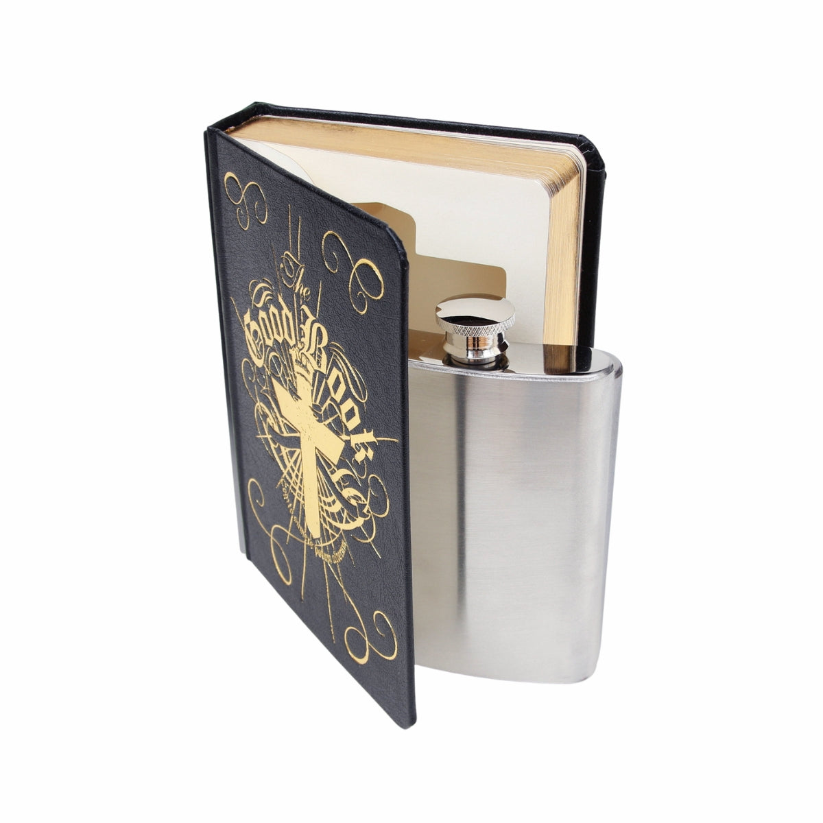 Open book and a flask inside from Suck UK hidden flask in a fancy hardback book, featuring a 4oz stainless steel hip flask concealed inside. A novelty secret stash gift, perfect for drink lovers, barware collectors, or anyone who wants a discreet, fun way to carry their favourite drink.
