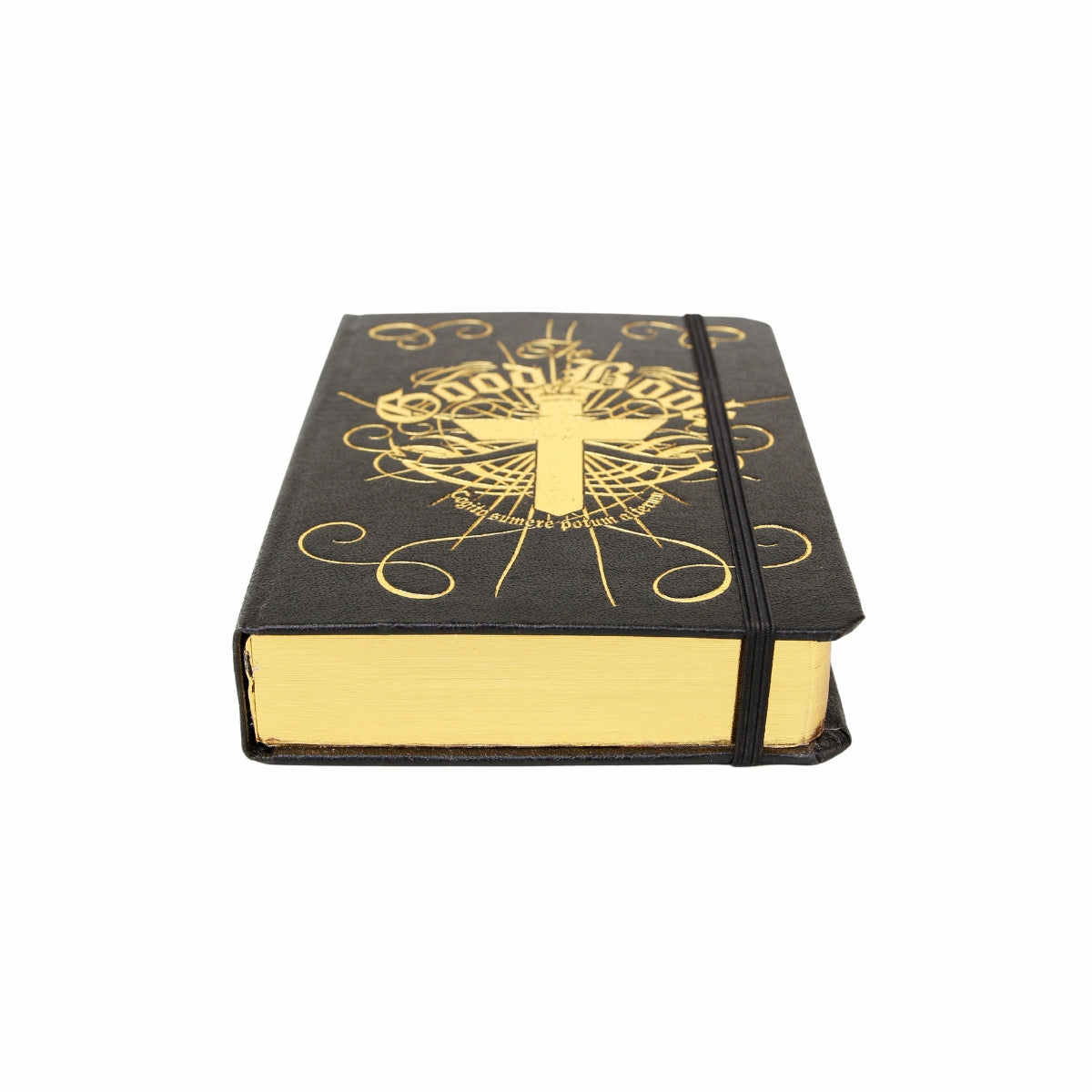 Laid down view on a surface showing the width of the pages of the book from Suck UK hidden flask in a fancy hardback book, featuring a 4oz stainless steel hip flask concealed inside. A novelty secret stash gift, perfect for drink lovers, barware collectors, or anyone who wants a discreet, fun way to carry their favourite drink.