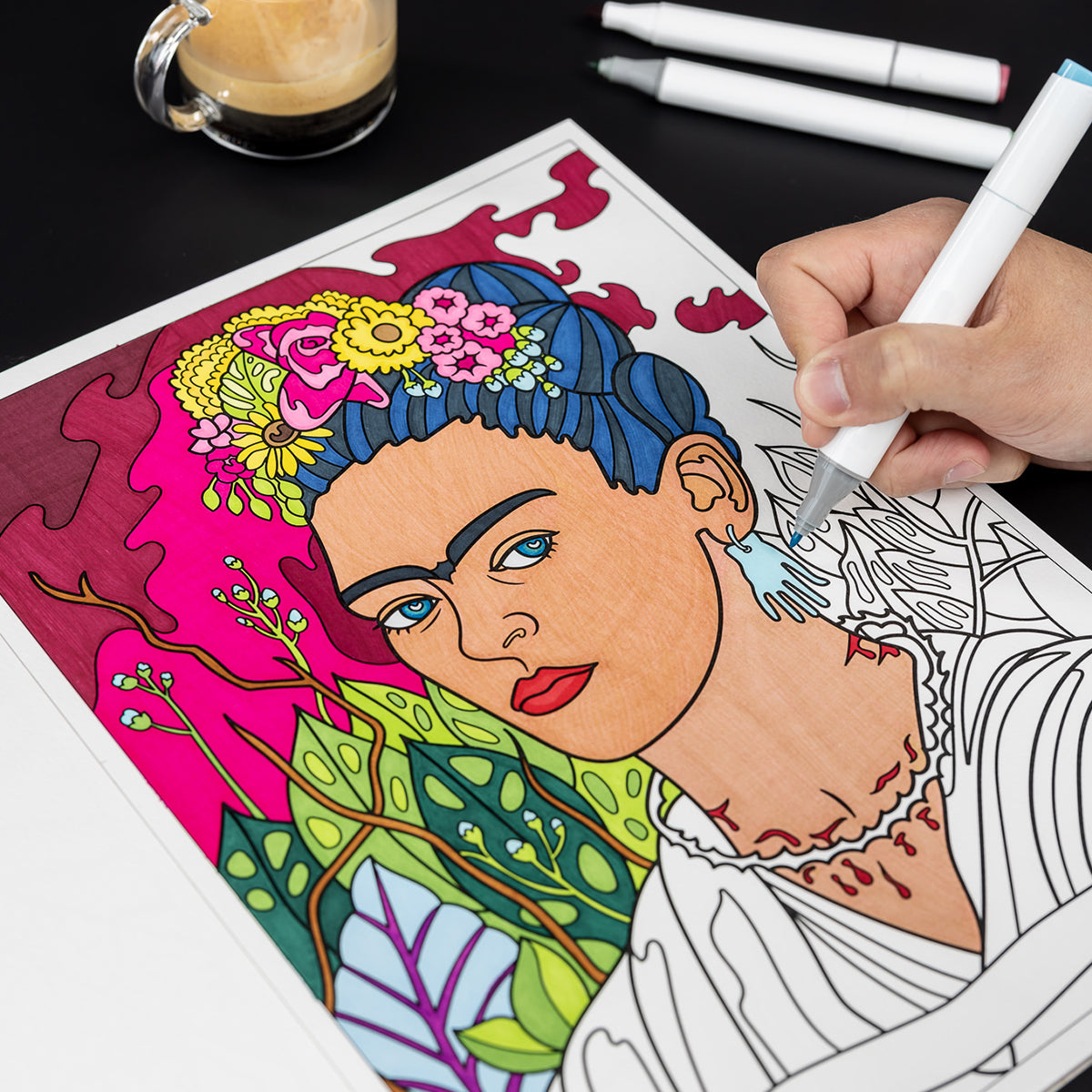 Coloring of Frida Kahlo from Today Is Art Day Frida Kahlo colouring book - large-format 12-artwork colouring book, multicolour premium recycled 180g FSC-certified paper material, featuring iconic Frida Kahlo pieces like Two Fridas, The Broken Column, Self-Portraits, and Still Life artworks, suitable for pencils, watercolours, paint, and ink.