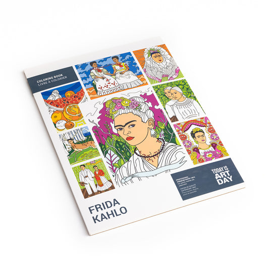 Cover of Today Is Art Day Frida Kahlo colouring book - large-format 12-artwork colouring book, multicolour premium recycled 180g FSC-certified paper material, featuring iconic Frida Kahlo pieces like Two Fridas, The Broken Column, Self-Portraits, and Still Life artworks, suitable for pencils, watercolours, paint, and ink.