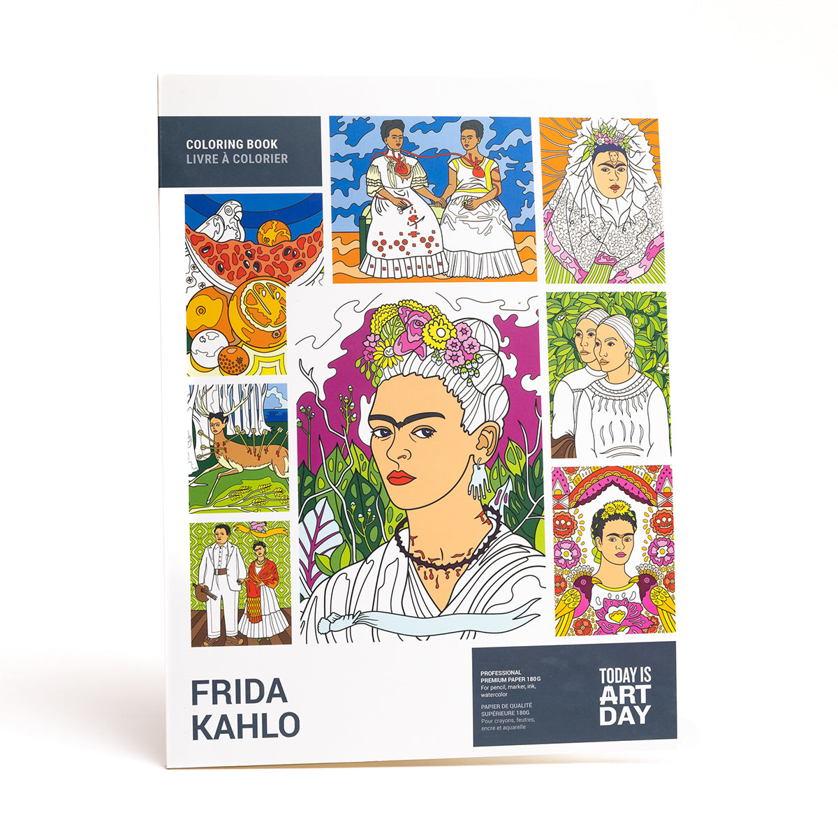 Cover of Today Is Art Day Frida Kahlo colouring book - large-format 12-artwork colouring book, multicolour premium recycled 180g FSC-certified paper material, featuring iconic Frida Kahlo pieces like Two Fridas, The Broken Column, Self-Portraits, and Still Life artworks, suitable for pencils, watercolours, paint, and ink.