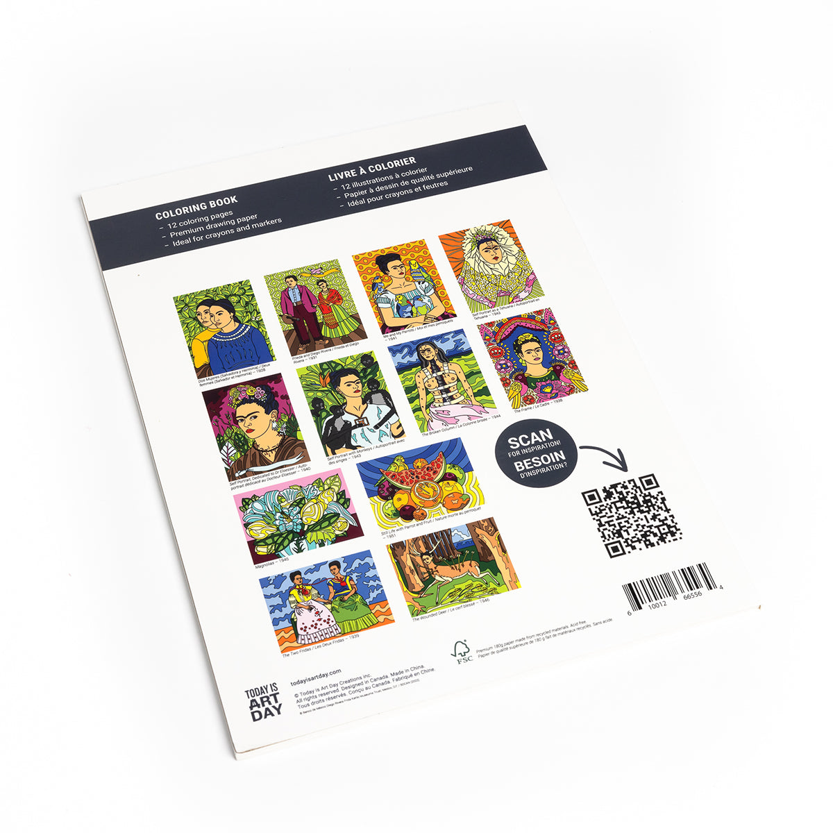 Back view of Today Is Art Day Frida Kahlo colouring book - large-format 12-artwork colouring book, multicolour premium recycled 180g FSC-certified paper material, featuring iconic Frida Kahlo pieces like Two Fridas, The Broken Column, Self-Portraits, and Still Life artworks, suitable for pencils, watercolours, paint, and ink.