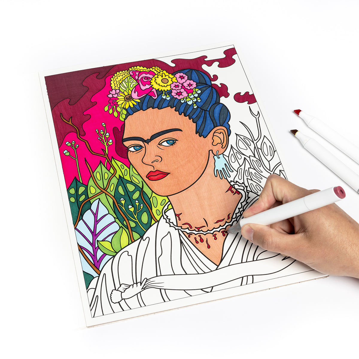 Coloring of Frida Kahlo from Today Is Art Day Frida Kahlo colouring book - large-format 12-artwork colouring book, multicolour premium recycled 180g FSC-certified paper material, featuring iconic Frida Kahlo pieces like Two Fridas, The Broken Column, Self-Portraits, and Still Life artworks, suitable for pencils, watercolours, paint, and ink.