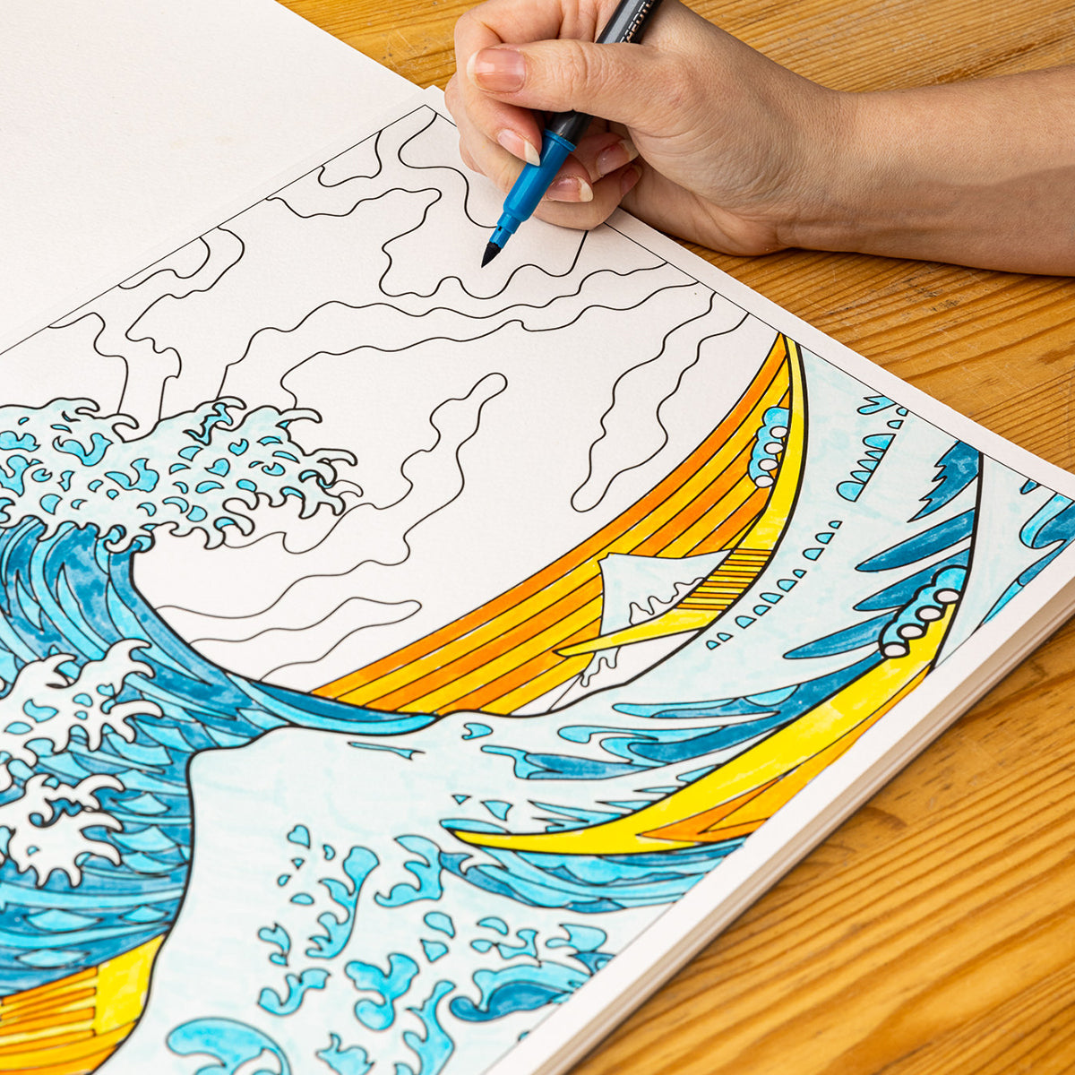 The Great Wave of Kanagawa coloring page from Today Is Art Day Hokusai colouring book - large-format 12-artwork colouring book, multicolour premium recycled 180g FSC-certified paper material, featuring iconic Hokusai prints like The Great Wave, Red Fuji, Kirifuri Waterfall, Tenma Bridge and more, suitable for pencils, watercolours, paint, and ink.