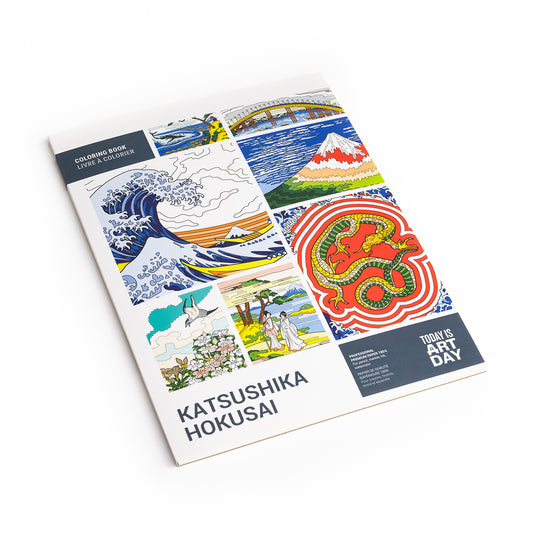 Cover of Today Is Art Day Hokusai colouring book - large-format 12-artwork colouring book, multicolour premium recycled 180g FSC-certified paper material, featuring iconic Hokusai prints like The Great Wave, Red Fuji, Kirifuri Waterfall, Tenma Bridge and more, suitable for pencils, watercolours, paint, and ink.