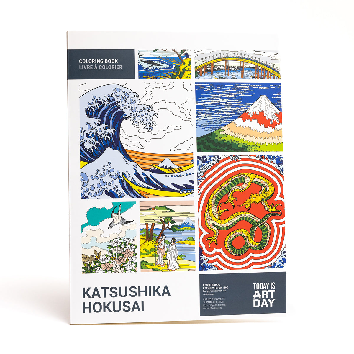 Cover of Today Is Art Day Hokusai colouring book - large-format 12-artwork colouring book, multicolour premium recycled 180g FSC-certified paper material, featuring iconic Hokusai prints like The Great Wave, Red Fuji, Kirifuri Waterfall, Tenma Bridge and more, suitable for pencils, watercolours, paint, and ink.
