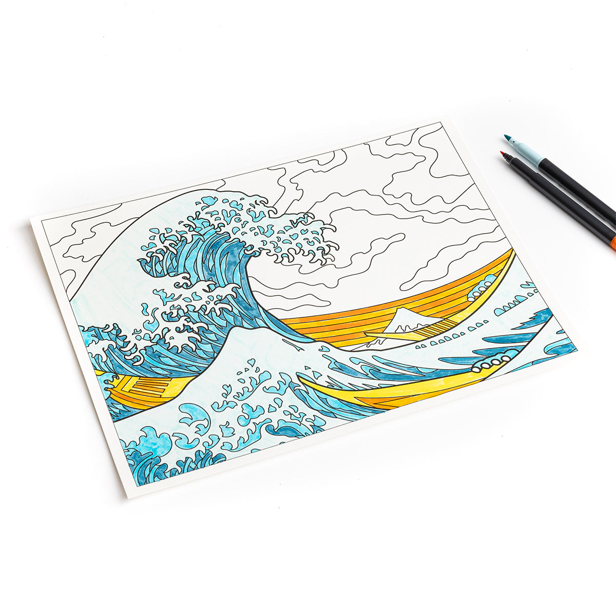 The Great Wave of Today Is Art Day Hokusai colouring book - large-format 12-artwork colouring book, multicolour premium recycled 180g FSC-certified paper material, featuring iconic Hokusai prints like The Great Wave, Red Fuji, Kirifuri Waterfall, Tenma Bridge and more, suitable for pencils, watercolours, paint, and ink.
