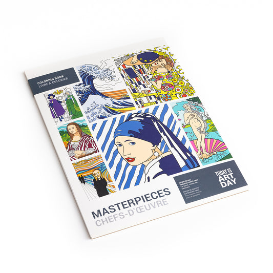 Cover of Today Is Art Day Masterpieces colouring book - large-format 12-artwork colouring book, multicolour premium recycled 180g FSC-certified paper material, featuring classics like Mona Lisa, The Great Wave, The Kiss, The Scream and more, designed for pencils, watercolours, paint, and ink.
