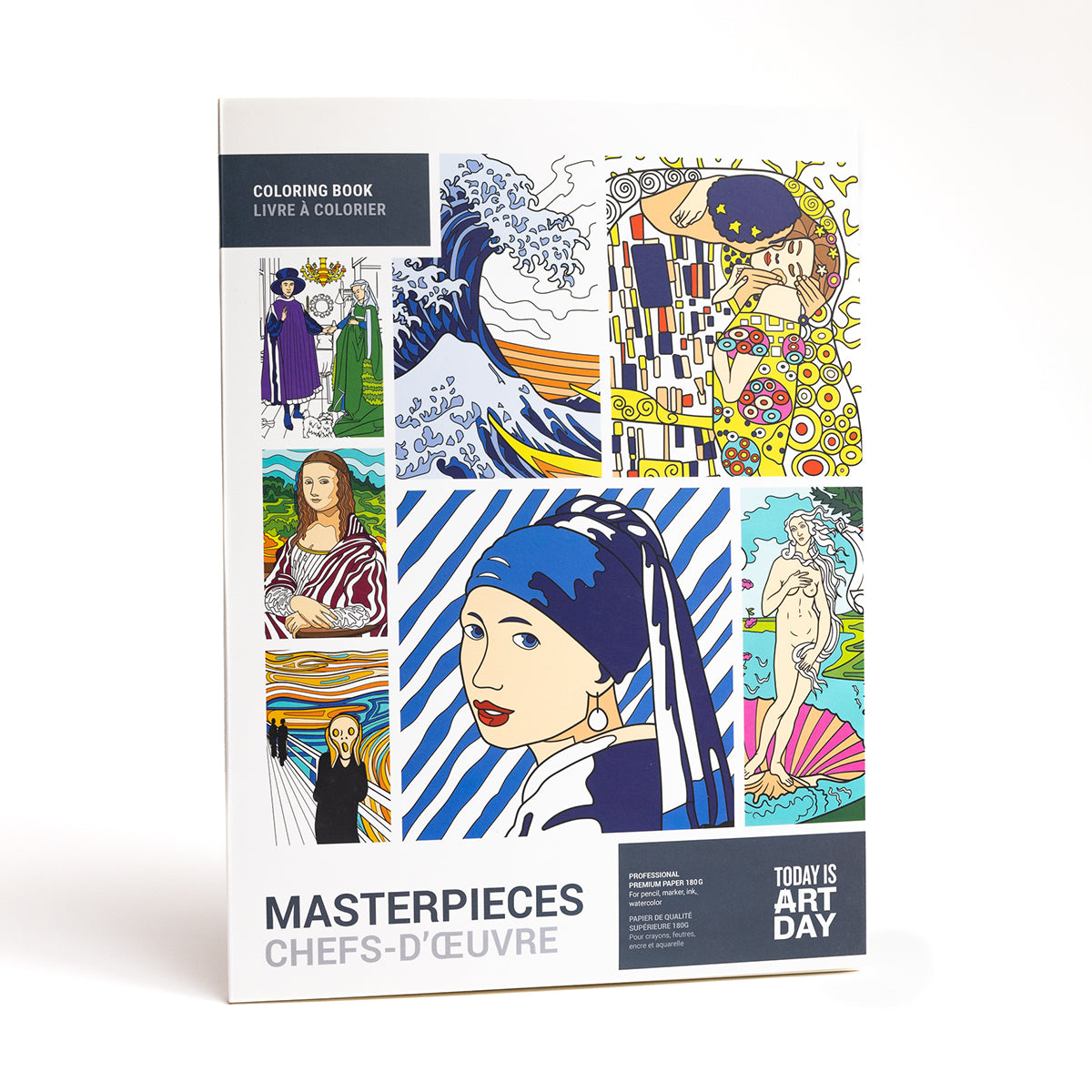 Cover of Today Is Art Day Masterpieces colouring book - large-format 12-artwork colouring book, multicolour premium recycled 180g FSC-certified paper material, featuring classics like Mona Lisa, The Great Wave, The Kiss, The Scream and more, designed for pencils, watercolours, paint, and ink.