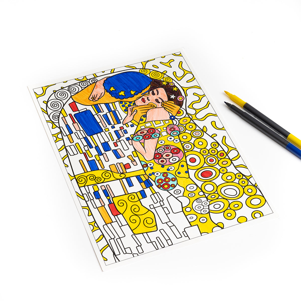 Coloring the The Kiss from Today Is Art Day Masterpieces colouring book - large-format 12-artwork colouring book, multicolour premium recycled 180g FSC-certified paper material, featuring classics like Mona Lisa, The Great Wave, The Kiss, The Scream and more, designed for pencils, watercolours, paint, and ink.