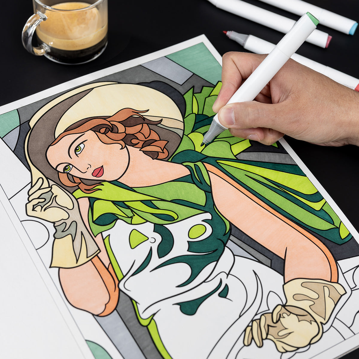 Coloring a woman from Printworks Today Is Art Day Women in Art colouring book - large-format 12-masterpiece art colouring book, multicolour premium recycled 180g FSC-certified paper material, featuring works by Bonheur, Cassatt, Kahlo, Gentileschi, Morisot and more, with thick pages for pencils, watercolours, and paint.