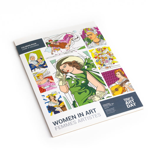 Cover of the Printworks Today Is Art Day Women in Art colouring book - large-format 12-masterpiece art colouring book, multicolour premium recycled 180g FSC-certified paper material, featuring works by Bonheur, Cassatt, Kahlo, Gentileschi, Morisot and more, with thick pages for pencils, watercolours, and paint.