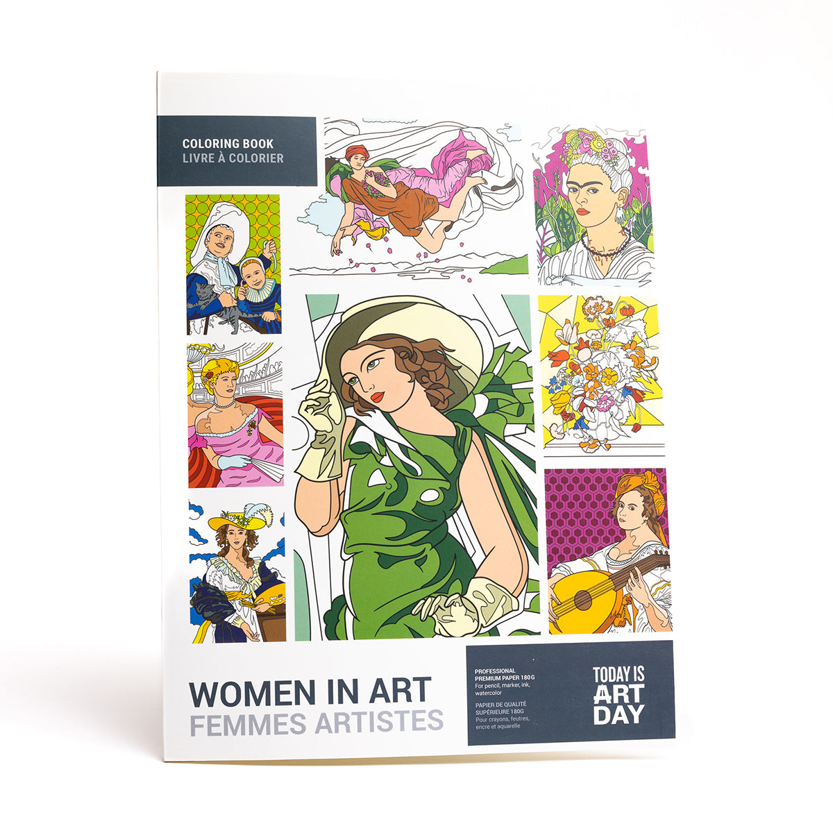 Cover of Printworks Today Is Art Day Women in Art colouring book - large-format 12-masterpiece art colouring book, multicolour premium recycled 180g FSC-certified paper material, featuring works by Bonheur, Cassatt, Kahlo, Gentileschi, Morisot and more, with thick pages for pencils, watercolours, and paint.
