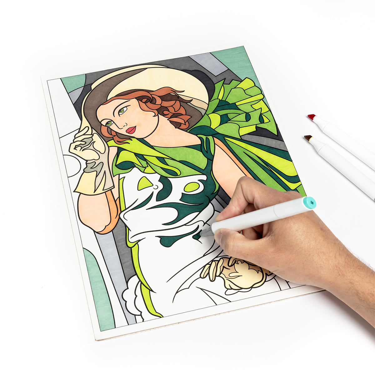 Coloring a woman from Printworks Today Is Art Day Women in Art colouring book - large-format 12-masterpiece art colouring book, multicolour premium recycled 180g FSC-certified paper material, featuring works by Bonheur, Cassatt, Kahlo, Gentileschi, Morisot and more, with thick pages for pencils, watercolours, and paint.