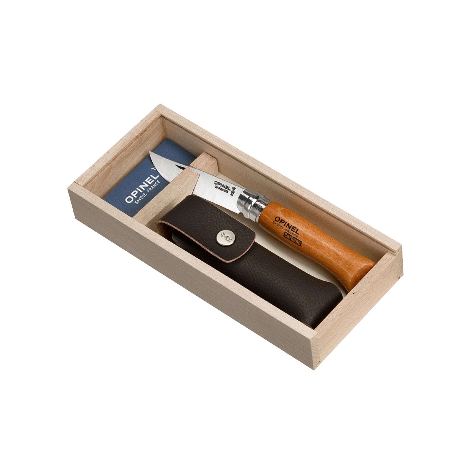 Opinel Traditional Folding Knife No8 with Sheath in Gift Box Carbon Steel Beech in wooden gift box