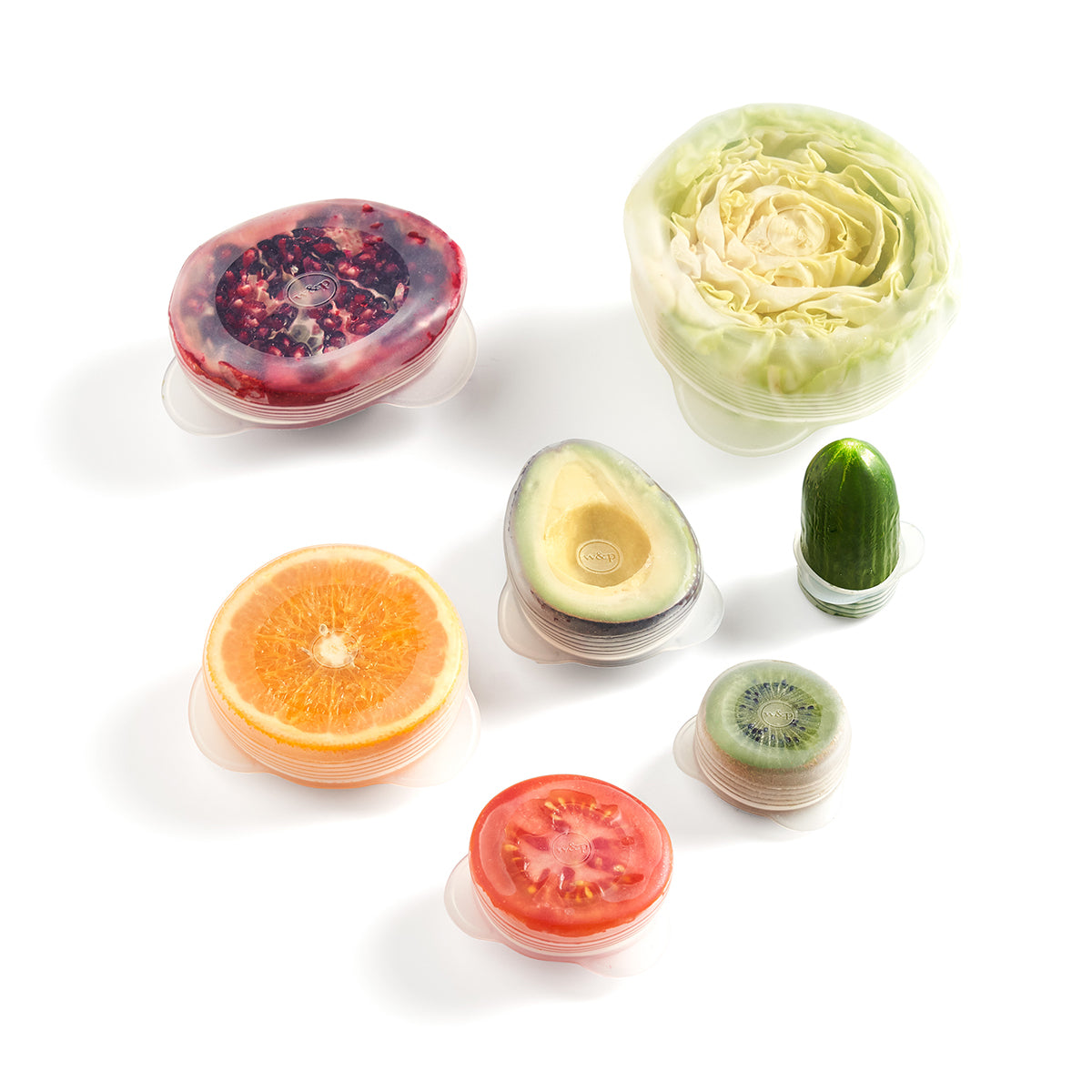 WP set of 7 reusable stretch produce savers covering food on white background